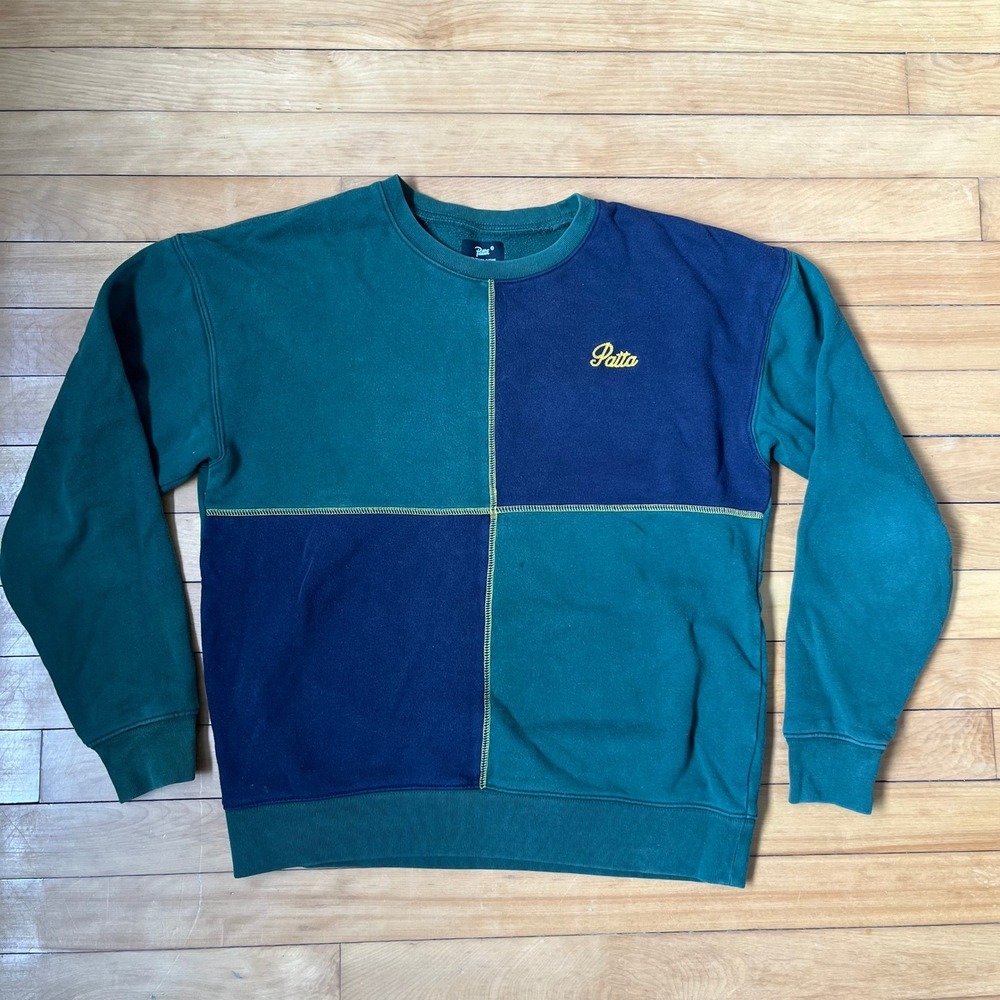 Patta Colorblock Crewneck Sweatshirt Green Navy Blue Contrast Stitch Logo Mens